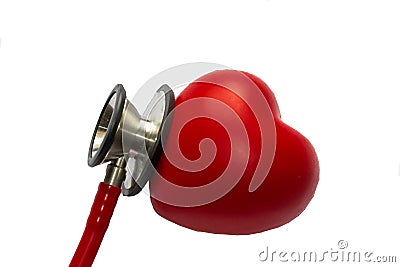 Diagnosis and treatment in cardiology. Medicine concept - Close up red stethoscope and heart isolated on white background. Copy Stock Photo