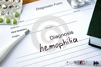 Diagnostic form with Diagnosis hemophilia. Stock Photo