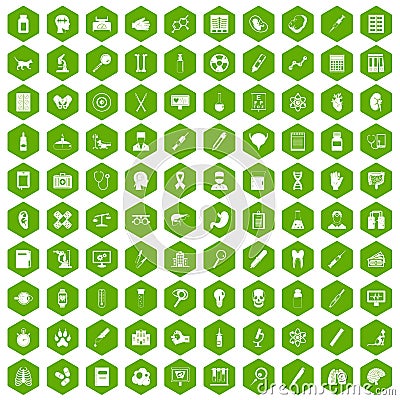 100 diagnostic icons hexagon green Vector Illustration