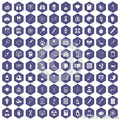 100 diagnostic icons hexagon purple Vector Illustration