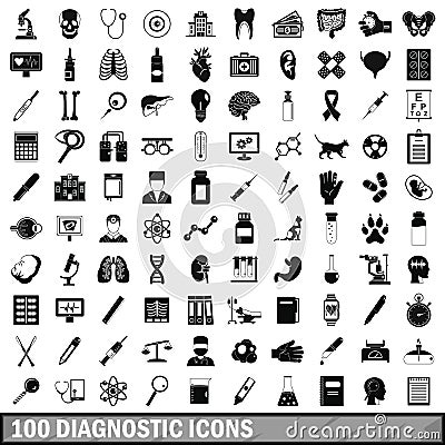 100 diagnostic icons set, simple style Vector Illustration