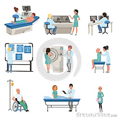 Diagnostic and treatment of cancer set, doctors, patients and equipment for oncology medicine vector Illustrations Vector Illustration