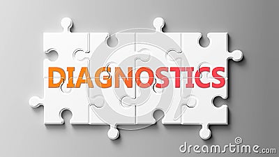 Diagnostics complex like a puzzle - pictured as word Diagnostics on a puzzle pieces to show that Diagnostics can be difficult and Cartoon Illustration