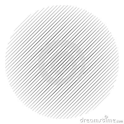 Diagonal, oblique lines abstract geometric circle. Slanting, slope lines halftone circle. Radial, circular skew, tilt parallel Vector Illustration