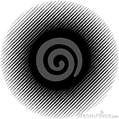 Diagonal, oblique lines abstract geometric circle. Slanting, slope lines halftone circle. Radial, circular skew, tilt parallel Vector Illustration