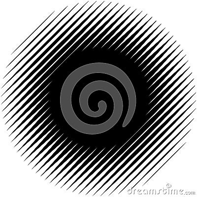 Diagonal, oblique lines abstract geometric circle. Slanting, slope lines halftone circle. Radial, circular skew, tilt parallel Vector Illustration