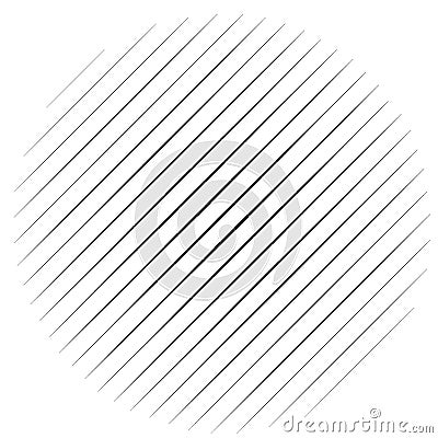 Diagonal, oblique lines abstract geometric circle. Slanting, slope lines halftone circle. Radial, circular skew, tilt parallel Vector Illustration