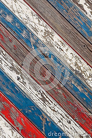 Diagonal old planks painted white, red and blue Stock Photo