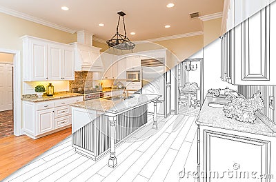 Diagonal Split Screen Of Drawing and Photo of New Kitchen Stock Photo