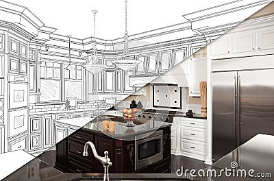Diagonal Split Screen Of Drawing and Photo of New Kitchen Stock Photo