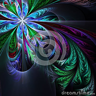 Diagonal symmetric multicolor fractal tracery. Collection - frosty pattern. On black. Stock Photo