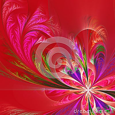 Diagonal symmetric multicolor fractal tracery. Collection - frosty pattern. On red. Stock Photo