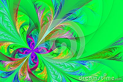 Diagonal symmetric multicolor fractal tracery. Collection - frosty pattern. On green Stock Photo