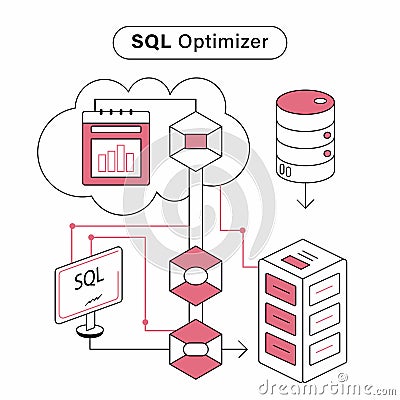 A diagram of a computer system with a SQL optimizer Vector Illustration