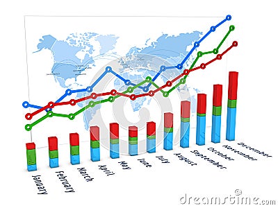 Diagram with graphs and map. 3D illustration Cartoon Illustration