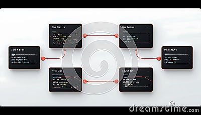 Diagram of interconnected data nodes with code snippets on a white background visualized clearly Stock Photo