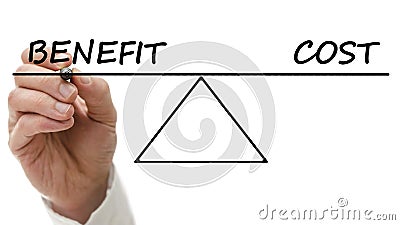 Diagram of a seesaw showing benefit and cost Stock Photo