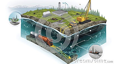 A diagram showcasing the process of bioremediation where naturally occurring microorganisms are used to break down and Stock Photo