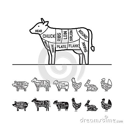 Diagrams for butcher shop - cow. Meat cuts. Animal silhouette, p Vector Illustration