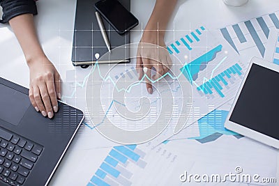 Diagrams and graphs on virtual screen. Business strategy, data analysis technology and financial growth concept. Stock Photo