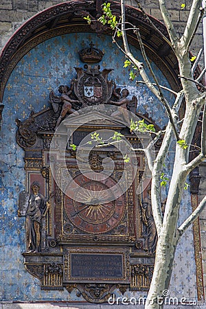 The dial of de Vick`s clock on the Palace of Justice. Sightseeing of Paris. Stock Photo
