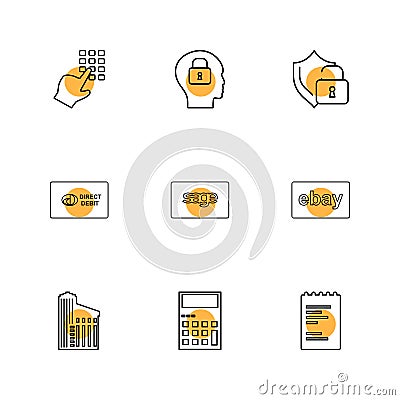 dial pad ,lock , mind, protected , direct , sage ,ebay ,document , building ,calculator , eps icons set vector Vector Illustration