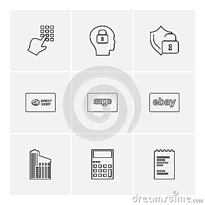 dial pad ,lock , mind, protected , direct , sage ,ebay ,document , building ,calculator , eps icons set vector Vector Illustration