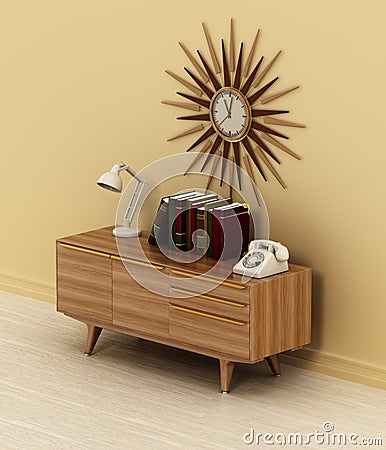 Dial phone, books and desk lamp on vintage style buffet table. 3D illustration Cartoon Illustration