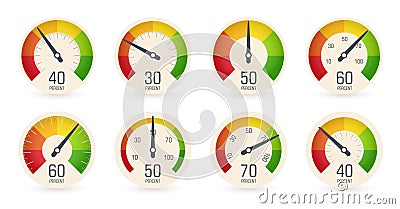 Dial speedometers, barometers logo set. Round scale, speed, weight, power, percentage indicators collection. Fuel Vector Illustration