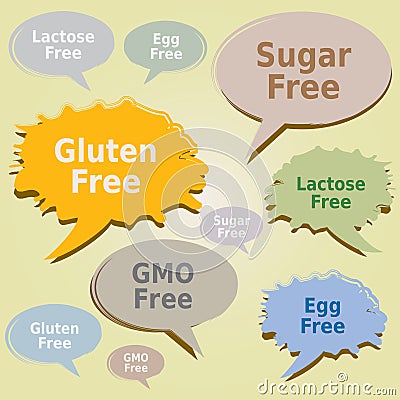 Dialog Boxes Tags Food Allergens - Gluten Sugar Lactose Egg GMO free Labels Vector Illustration