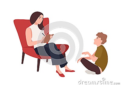 Dialog between female psychologist, psychoanalyst or psychotherapist and kid patient sitting in front of her. Child Vector Illustration