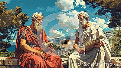 Dialogue of Ancient philosophers, historical reconstruction illustration Cartoon Illustration