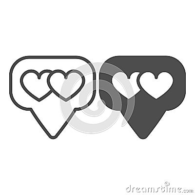 Dialogue box, speech bubble and two hearts line and solid icon, dating concept, messege with hearts vector sign on white Vector Illustration