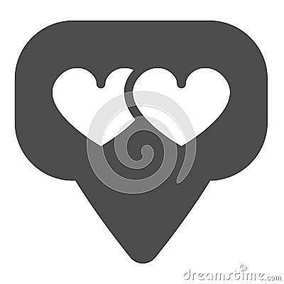 Dialogue box, speech bubble and two hearts solid icon, dating concept, messege with hearts vector sign on white Vector Illustration
