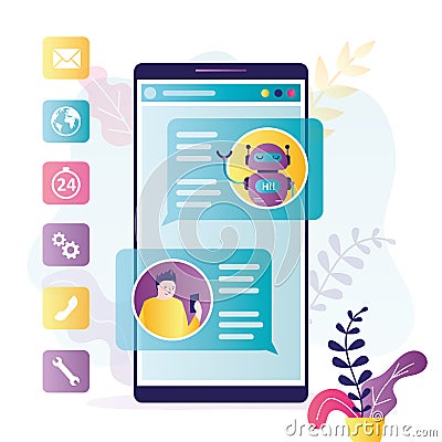 Dialogue between client and chatbot on smartphone screen. Artificial intelligence answers questions. Support service, concept. Vector Illustration