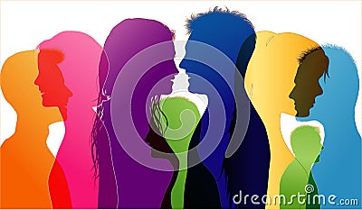 Dialogue and comparison between students. Young people talking. Colored silhouette profiles. Contour line. Talking crowd. Vector M Stock Photo