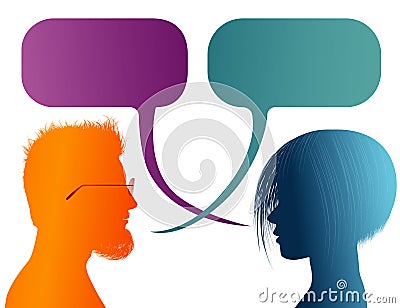 Vector isolated Colored profile silhouette with speech bubble. Talking between a man and a woman. Dialogue - discussion - communic Stock Photo