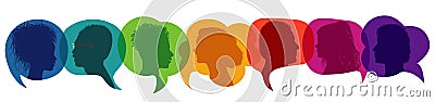 Dialogue group of diverse people.Communication multiethnic people.Crowd multicultural talking.Silhouette profiles.Rainbow colors Stock Photo