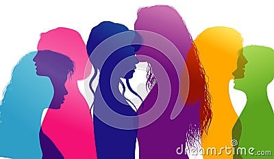 Dialogue between women. Women talking. Conversation between women. Colored silhouette profiles. Multiple exposure Stock Photo