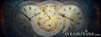 The dials of the old antique classic clocks on a vintage paper background. Concept of time, history, science, memory, information Stock Photo