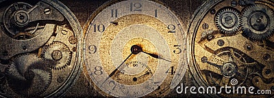 The dials of the old antique classic clocks on a vintage paper background. Concept of time, history, science, memory, information Stock Photo