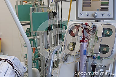 Dialysis machine in ICU in hospital, a place where can be treated patients with pneumonia caused by coronavirus covid-19 Stock Photo