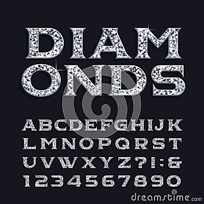 Diamond alphabet font. Luxury beveled serif letters and numbers. Vector Illustration