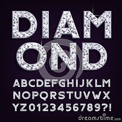 Diamond alphabet font. Luxury jewellery letters and numbers. Vector Illustration