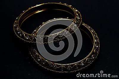 Diamond bangles ring jewellery vintage artifact on black background. Stock Photo