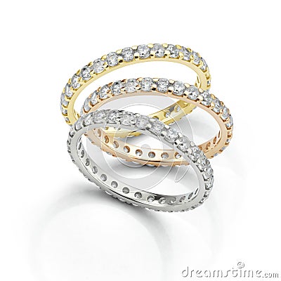 Diamond Eternity Rings in White Gold Yellow Gold and Rose Gold Stock Photo