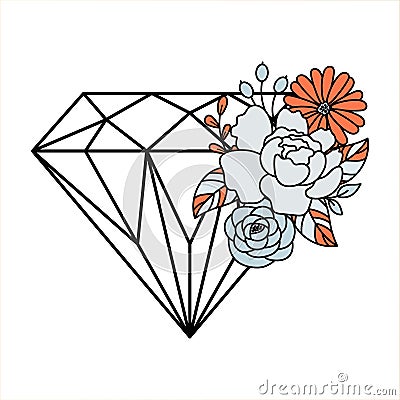 Diamond and flower bouquet decoration design elements outline style. Vector Illustration