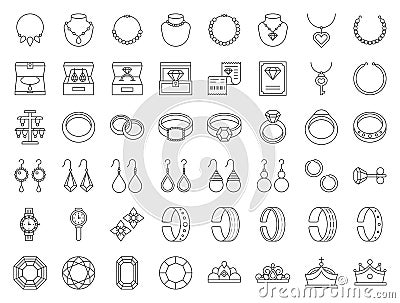 Diamond, gemstones and jewelry related, thin line icon set Vector Illustration