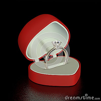 Diamond golden ring in the red heart giftbox. Stock Photo