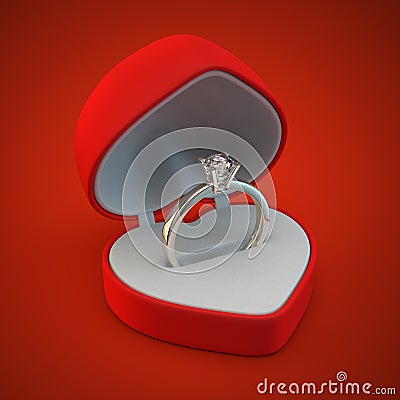 Diamond golden ring in the red heart giftbox. Stock Photo